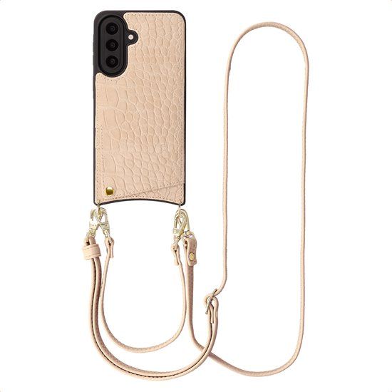 Selencia Hoesje - Geschikt voor Samsung Galaxy A57 (5G) - Croco Backcover met koord en pashouder - Beige