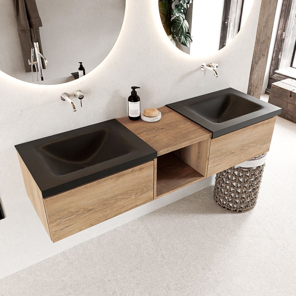 Mondiaz Bukla badmeubel 160cm Washed Oak & Urban - 2 Lades - Dubbele Wasbak