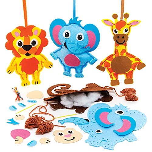 Baker Ross FE609 Jungledieren Decoratie Naai Sets - Pakket van 4, Naai set voor Kinderen, Creatieve Activiteiten voor Kinderen, Ideaal Knutselproject