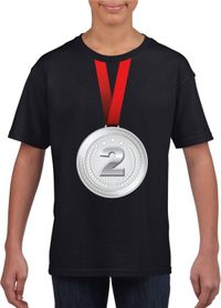Bellatio Decorations Zilveren medaille kampioen shirt zwart jongens en meisjes - Winnaar shirt Nr 2 kinderen 146/152
