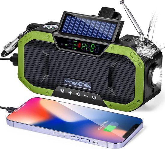 Draagbare Crankradio met Handkrukoplader - Zonnepaneel Noodlicht - FM/AM-radio - 5000 mAh Externe Batterij - USB-oplader - IPX5 Waterdicht