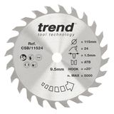 Trend Hout Cirkelzaagblad, 115Mm Diameter, 9.50Mm Asgat, 24 Tanden, 1.5Mm Zaagsnede, +20° Haak, Hardmetalen Punt (Tct), Medium Afwerking, Csb/11524