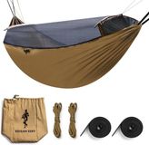 Merkloos Tarp de hamac tactique pour 2 personnes - Léger, imperméable, portable, avec moustiquaire, tente, bâche, 2 x sangles de suspension pour la randonnée (Brun 282 cm x 103 cm)