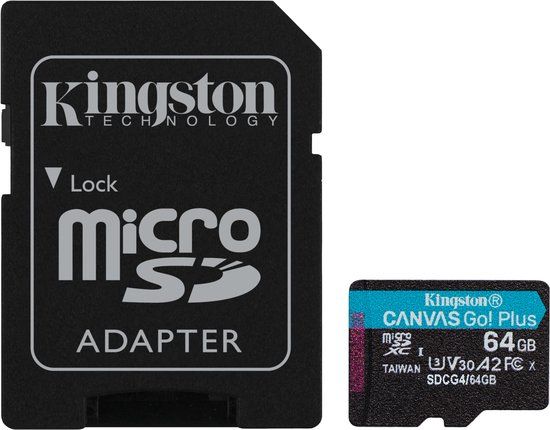 Kingston Technology 64GB microSDXC Canvas Go! Plus Gen4 200MB/s A2 U3 V30 kaart + adapter