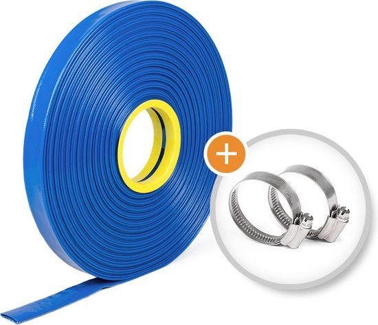 Verstevigde platte waterslang - 25m - Ø 32mm - Incl. 2x Slangklem - Flexibel & Scheurvast
