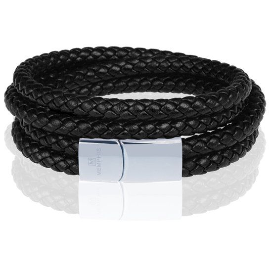 Memphis dubbele wrap armband Leer Zwart Zilverkleurig-20cm