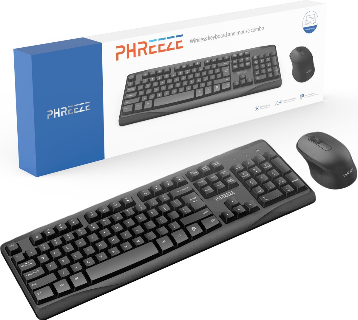 Phreeze Phreeze™ Draadloze Toetsenbord en Muis Set + USB Ontvanger - Ergonomisch Design - Lichte Toetsaanslag - Functietoetsen - QWERTY