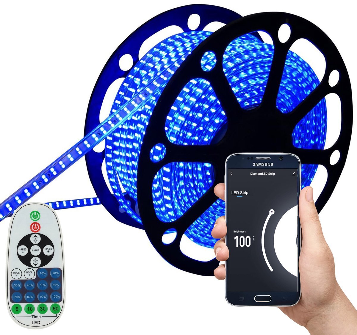 DiamantLED LED Strip Blauw - 10 meter in een ROL - 220V - 2835SMD - 180L/M - IP65 - Met Wifi App + IR 23 knops afstandsbediening