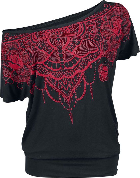 Black Premium by EMP Zwart loshangend T-shirt met rode opdruk - Dames - 3XL