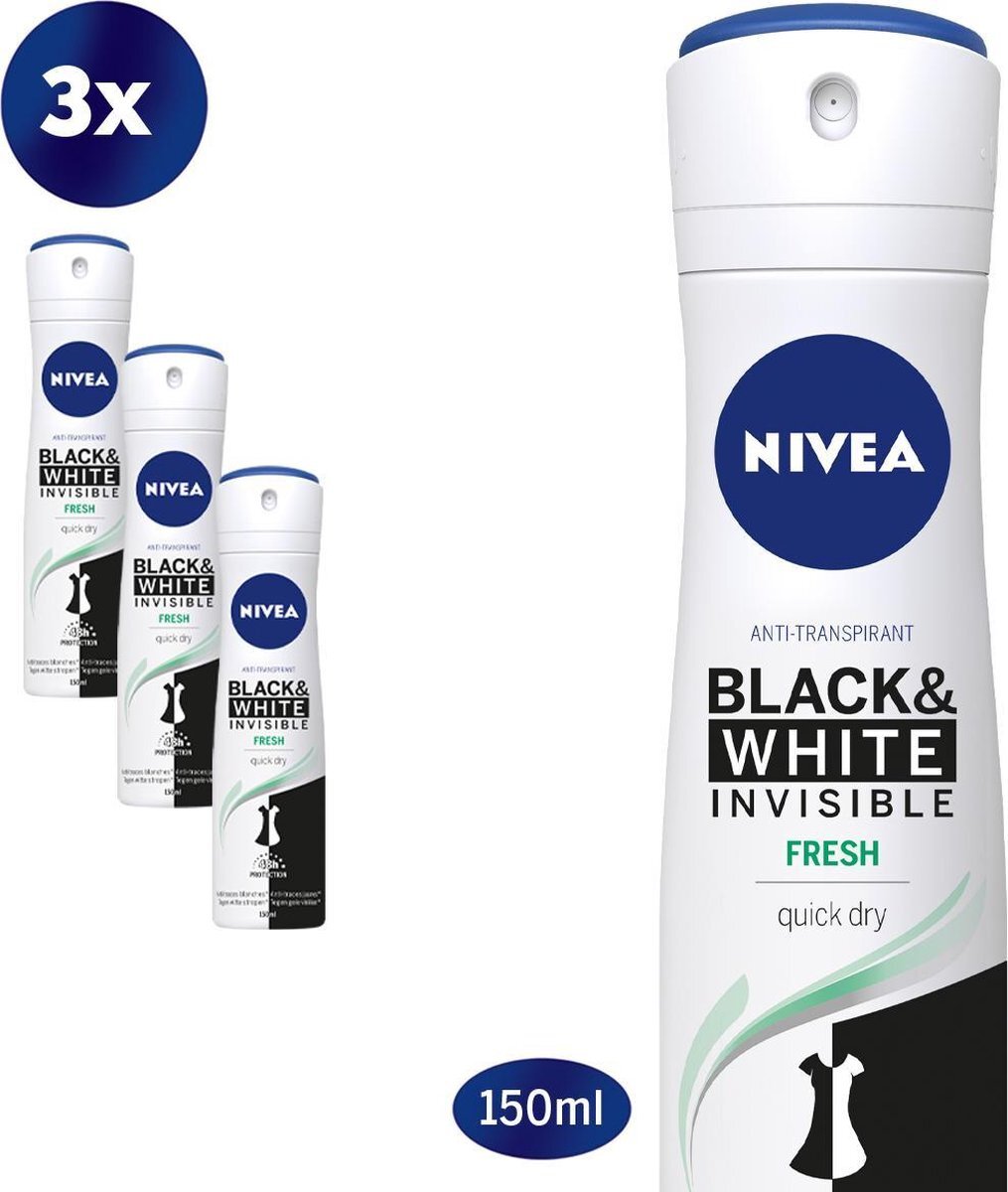 Nivea Invisible For Black & White Fresh Deodorant Spray - 3 x 150 ml - Voordeelverpakking