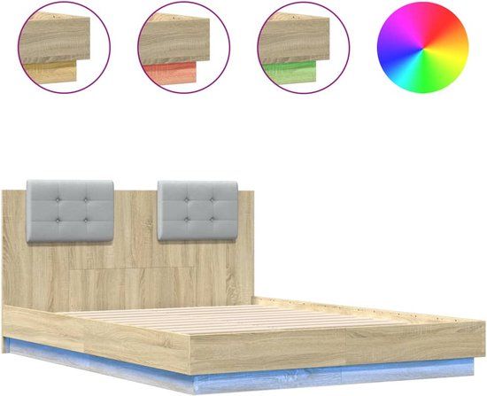 vidaXL Bedframe met hoofdbord en LED, Sonoma eikenkleurig, 120x190 cm