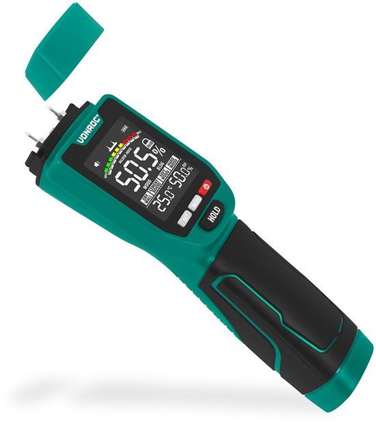 VONROC PRO Vochtmeter – Dubbele meetfunctie: invasief (met pinnen) en non-invasief (met sensor) – geschikt voor hout en bouwmaterialen - multicolor LCD scherm