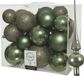 Kaemingk B.V. Boules de Noël en plastique avec étoile de sapin en verre - vert mousse - 27 pièces