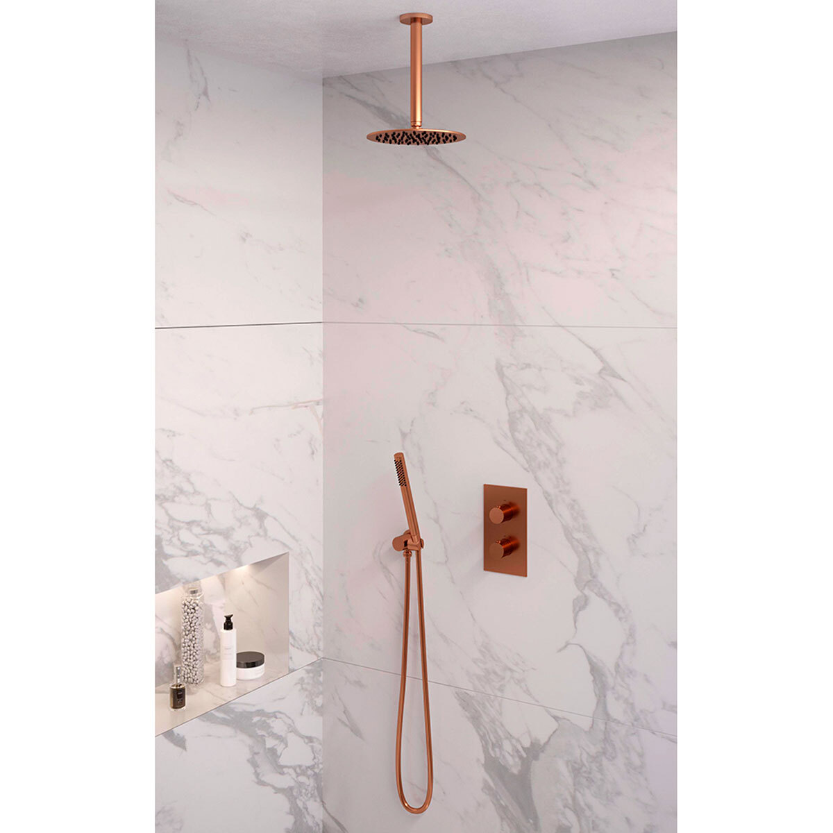 Brauer Regendoucheset 29 Inbouw Muur Copper Edition 20cm Rond Geborsteld Koper PVD 2 Greeps 3-weg met Thermostaatkraan en Staafhanddouche