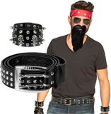 Boland Verkleed setje Biker/Rocker - Heren - Bandana rood / riem met studs / armband spikes / baardje met snor