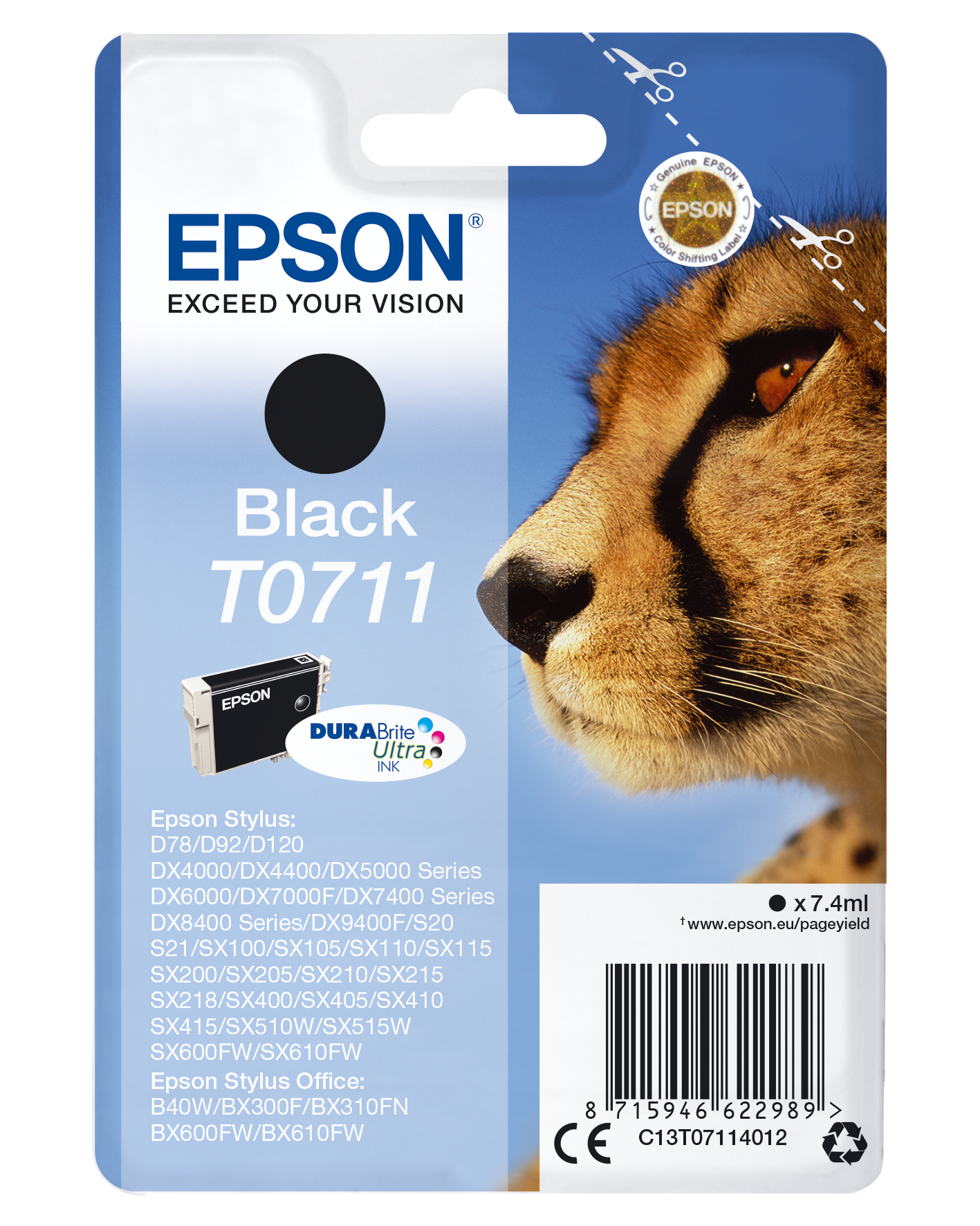 Epson Cheetah Singlepack Black T0711 DURABrite Ultra Ink single pack / zwart
