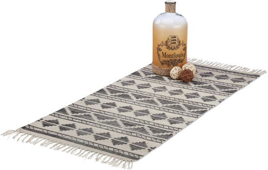Relaxdays Vloerkleed met patroon - met franjes - laagpolig kleed - geometrische vormen Zwart 70 x 140 cm