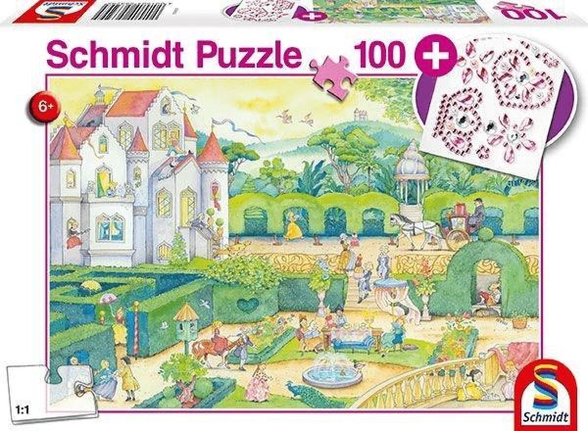 Schmidt Spiele Puzzel 56329 Bij de sprookjesprinsesjes, inclusief glitterstickers, kinderpuzzel, 100 stukjes, kleurrijk