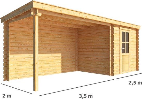 Merkloos Blokhut met overkapping Els 600 cm bij 200 cm diep Lessenaarsdak bruin