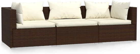 vidaXL Driezitsbank met kussens poly rattan bruin