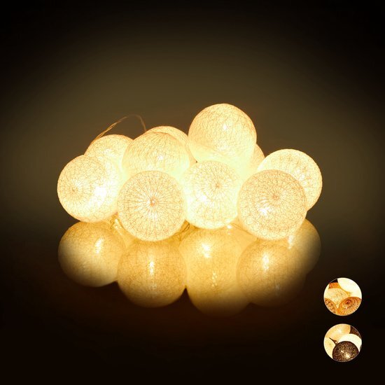 Relaxdays LED lichtsnoer met 10 ballen - sfeerverlichting - feestverlichting - katoen wit