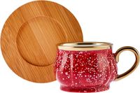 Karaca Bamba - Rode koffiekopjesset - 6 Persoons met Bamboe Dienblad - 90 ml