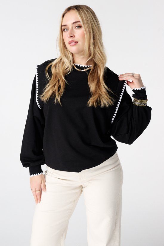 MS Mode Trui Sweater met contrastboorden Zwart Katoen L