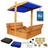 KOTARBAU Houten Zandbak - 100 x 100 cm - Bruin - met Bankjes en Blauw Dak