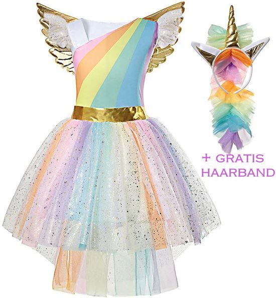 Spaansejurk NL Eenhoorn jurk unicon jurk - 140-146 prinsessen jurk verkleedjurk regenboog + GRATIS haarband