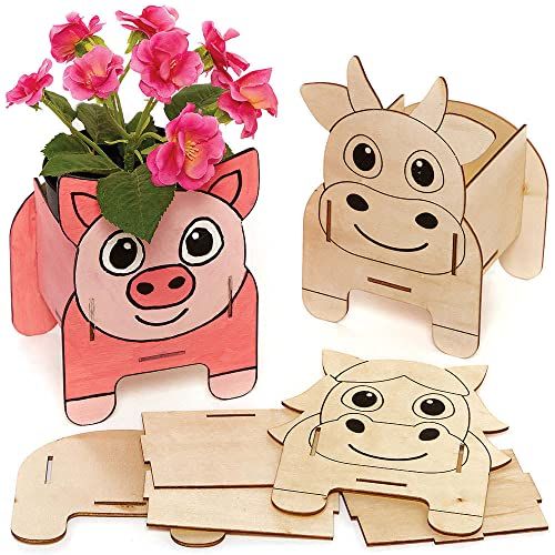 Baker Ross Wooden Plant Pot Kits - Horse, Pig & Cow - Set of 3