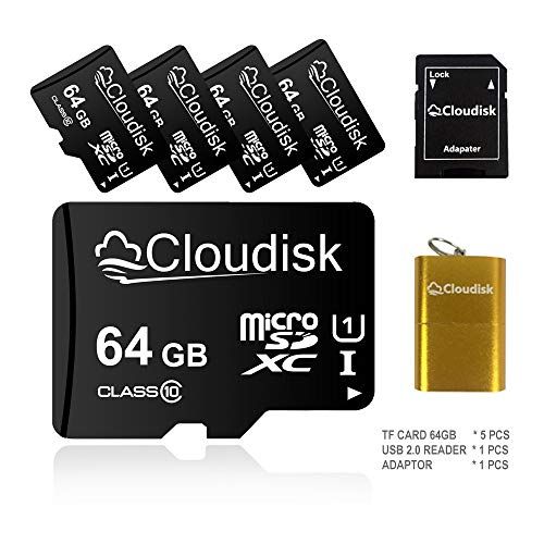 Cloudisk 5 Pack Micro SD-kaart met MicroSD Adapter Kaartlezer Geheugenkaart (5 Pack 64 GB)