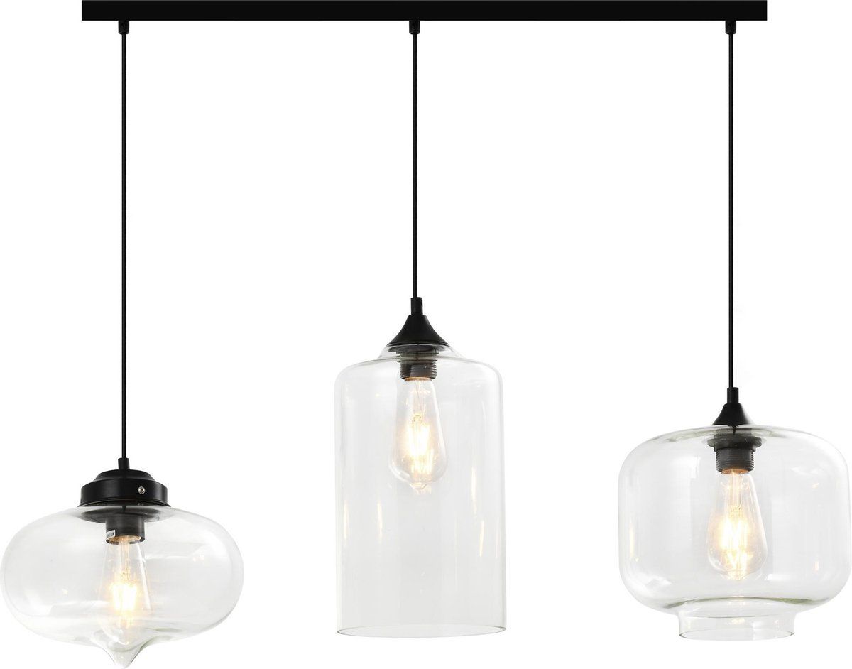 QUVIO Hanglamp retro - Zwart - 3 Lichtpunten - Glas