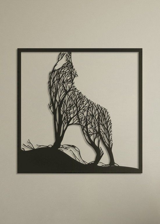 UniekAanJeMuur.nl Wanddecoratie Wolf van takken - M (40x40cm) - Zwart - Hout