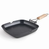 Lacor - 25154 - grillpan van gegoten aluminium, tweelaags, anti-aanbaklaag, klapgreep van eikenhout - volledige inductiebodem - zwart - 24 x 24 x 3,7 cm