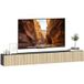Meuble TV suspendu 140 cm, meuble TV pour téléviseur 72 pouces, 2 portes rabattables, design bois naturel et noir, dimensions 140x25x22 cm, rangement mural élégant.