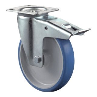 BS zwenkwiel D.80mm Trgf. 125kg w.rem PU plaat L104xB80mm Rl.blauw (1 stuk)