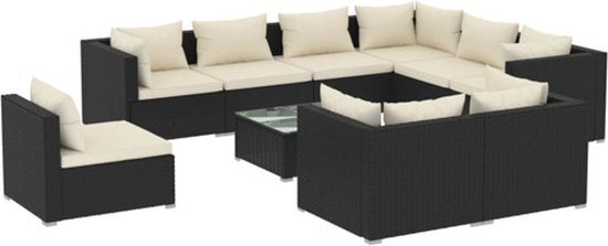 vidaXL 10-delige Loungeset met kussens poly rattan zwart