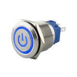 SeKi Roestvrij stalen drukknop Ø19mm tastend platte kop vorm gekleurd verlicht power symbool in blauw soldeer/platte stekker 0,5x2,8 aansluiting; belknop