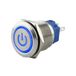 SeKi Roestvrij stalen drukknop Ø19mm tastend platte kop vorm gekleurd verlicht power symbool in blauw soldeer/platte stekker 0,5x2,8 aansluiting; belknop