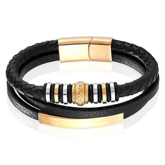 Mendes Jewelry Heren Armband - Zwart Leder met Gouden Sluiting - 23cm