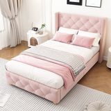 MODFU Gestoffeerd Bed met Vleugelhoofdbord 90x200 cm – Fluweel roze