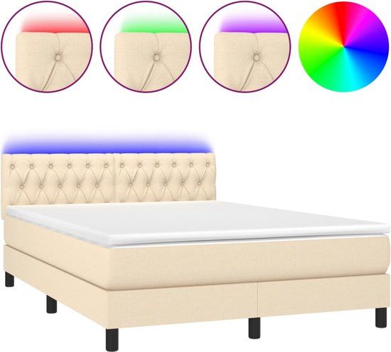 vidaXL Boxspring met Matras en LED Crèmekleurig Stof 140x200 cm