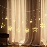 LEDYA Lichtgordijn met sterren en sneeuwvlokken, warmwitte kerstverlichting voor ramen, 8 modi, USB-voeding met timer, 1,65 m, feestelijke hangdecoratie voor slaapkamer, muur of feest