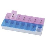 Gima - Wekelijkse pilhouder, met 7 compartimenten met dagen in het Engels en 2 aparte ruimtes voor ochtend (paars) en middag (blauw) tabletten, gemaakt van resistent plastic, 41500