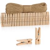 COM-FOUR® 120x mini wasknijpers en 50 m jute touw, kleine houten knijpers als decoratie voor foto's, collages, ansichtkaarten, foto's & geluksgeschenken (120 stuks - met jute lint - naturel)