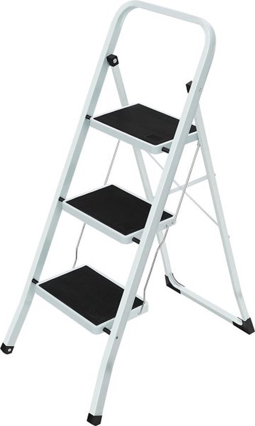 Songmics klaptrede met 3 treden, trapladder, ladder, 20 cm brede treden, antislip rubberen matten, met leuning, belastbaar tot 150 kg, gemaakt van staal, getest door SGS, wit-zwart GSL03WT