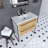AURLANE Badkamerkast, 80 x 50 cm, wit, 2 laden, eiken natuur, wastafel wit