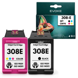 Evoke Evomore Hp 308E 2X: Zwart+Tri-Color Cmy Cyaan Magenta Geel 36 ml Envy 6100 6110E 6120E 6122E 6130E 6132E; Envy 6500 6520E 6530E 6532E