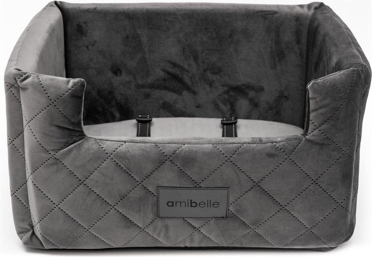 Amibelle Velvet Silver - Autostoel voor hond - 47x40cm - Orthopedisch kussen - Hondenmand Auto - Wasbaar - Handgemaakt