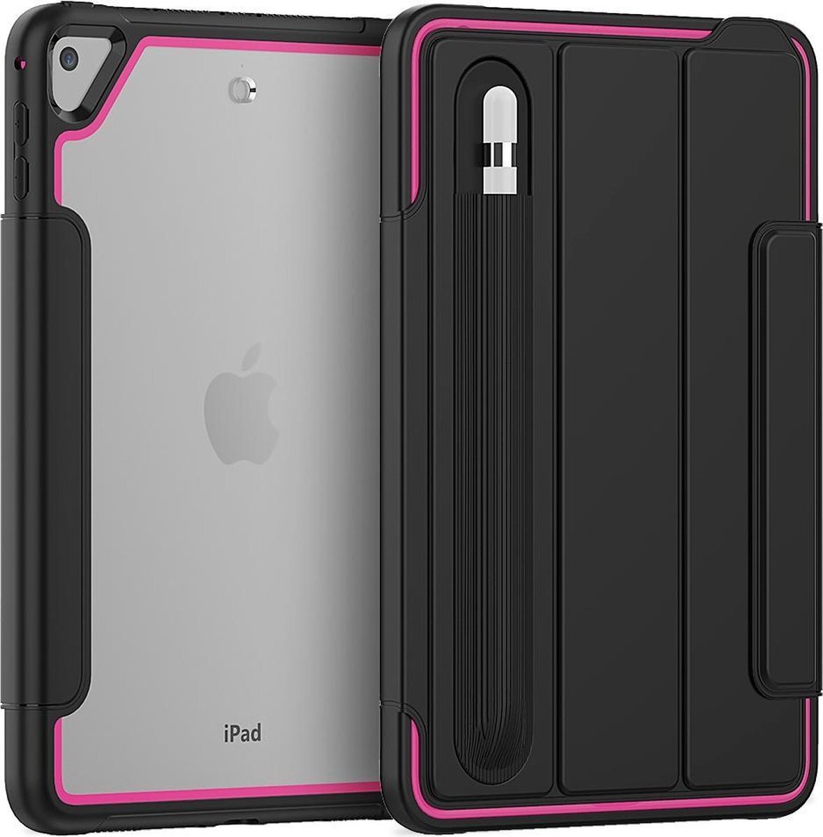 Case2go Apple iPad Mini 7.9 (2019) Hoes - Tri-Fold Book Case met Transparante Back Cover en Pencil Houder - Roze/Zwart